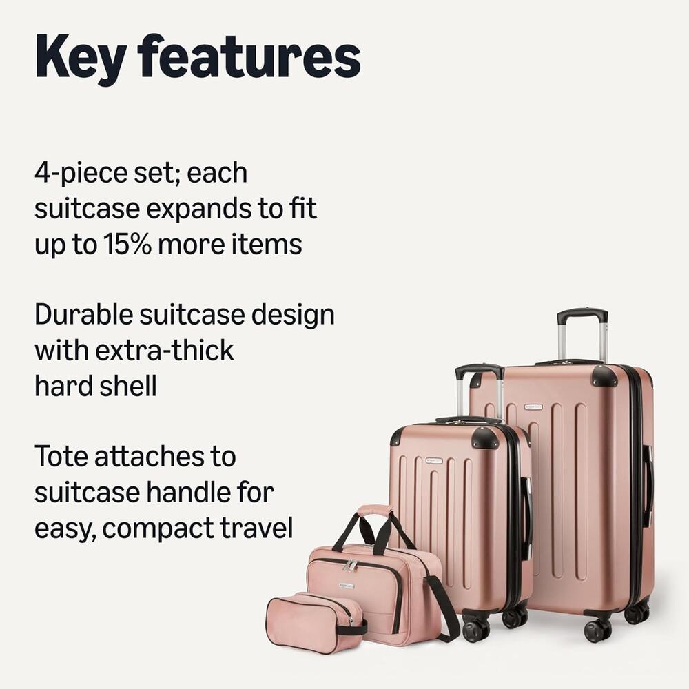Amazon Basics 4-Piece Luggage Set, Two Hardside Suitcases, 28-22-15-10 Rose Gold - Picture 6 of 7